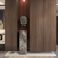 Modern Dining Living Room With Wooden Walls And Marble Pedestal Sculpture