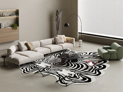 Modern Living Room Sofa Coffee Table Set with Zebra Print Rug Accent Chair and Cushions 3d model