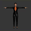 Game Film Female Character In Black Suit Orange Shirt Standing Arms Outstretched On Gray Background