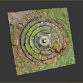 Stone Circular Tiered Structure With Square Base And Top Cylinder On Green Moss Covered Surface