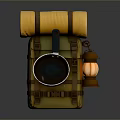 Practical Camping Backpack With Rolled Yellow Mat Pot And Lantern For Outdoor Use 3d model