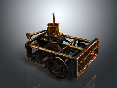 Vintage Mechanical Equipment with Metal Structure Wheels Gears Cylindrical Component and Red Chimney 3d model