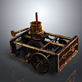 Vintage Mechanical Equipment with Metal Structure Wheels Gears Cylindrical Component and Red Chimney