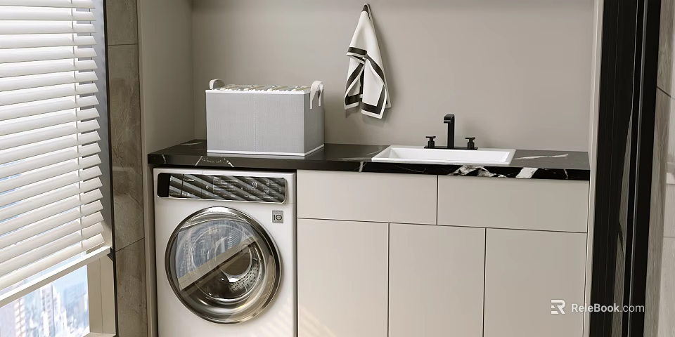 White Storage Basket In Modern Laundry Room With Washing Machine Sink And Cabinets 3d model 