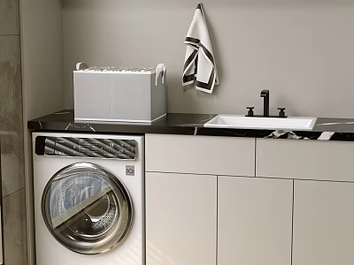 White Storage Basket In Modern Laundry Room With Washing Machine Sink And Cabinets 3d model