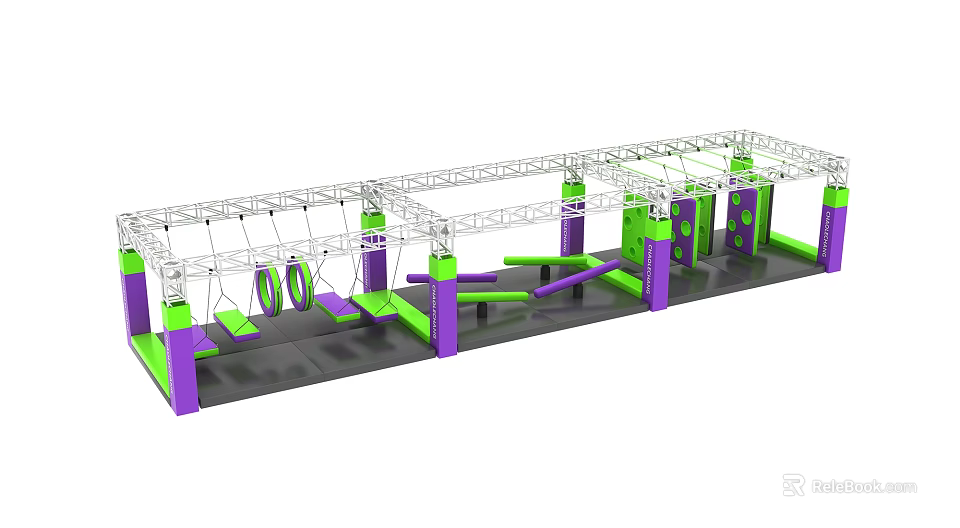 Kids Playground With Colorful Purple Green Structures Swings Rings And Climbing Frames 3d model 
