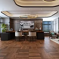 Modern Office Interior With Large Wooden Desk Golden Ring Pendant Lights And Black Chair