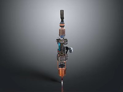 Mechanical Sci Fi Weapon Featuring Layered Metal Parts And Blue Accent Details Design 3d model