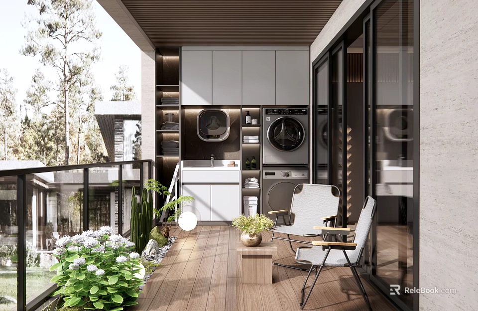 Home Balcony Interior with Wooden Floor Green Plants White Chairs Washing Machine and Storage Cabinets 3d model 