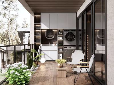 Home Balcony Interior with Wooden Floor Green Plants White Chairs Washing Machine and Storage Cabinets 3d model