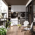 Home Balcony Interior with Wooden Floor Green Plants White Chairs Washing Machine and Storage Cabinets