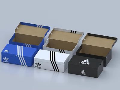 Adidas Shoe Boxes In Blue White Black With Stripes And Clover Logo Open Design 3d model