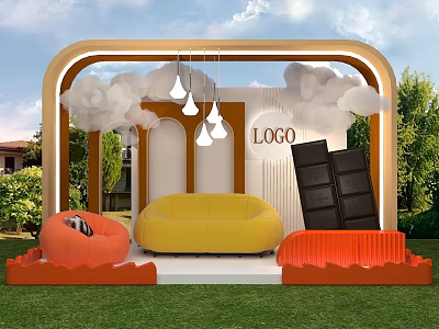 Outdoor Exhibition Space With Sofas Cloud Lights And Chocolate Decor 3d model