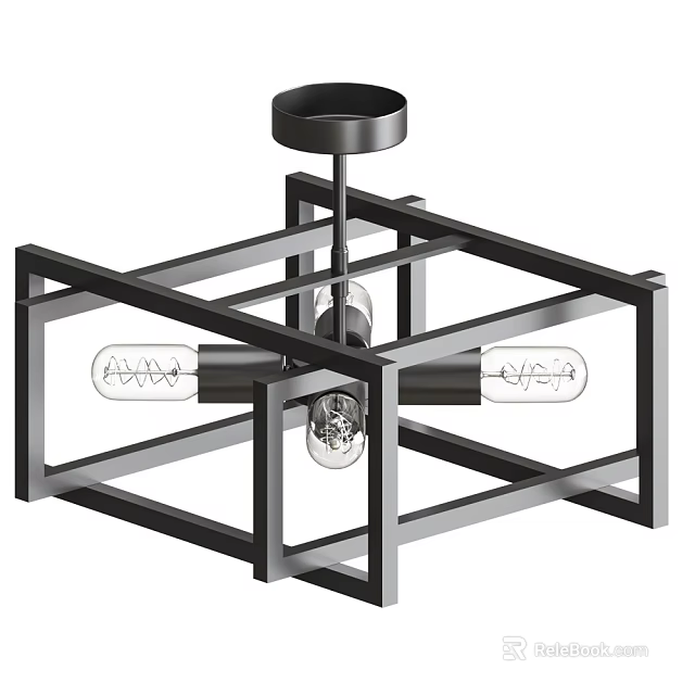 Modern Black Metal Geometric Chandelier With Open Frame And Clear Bulbs 3d model 