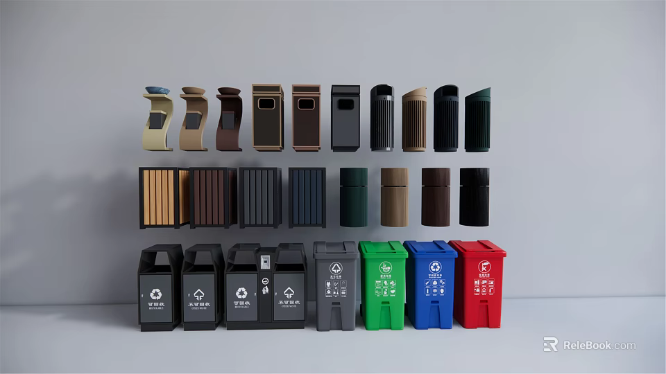 Public Facility Waste Bins With Various Designs Colors And Recycling Features 3d model 