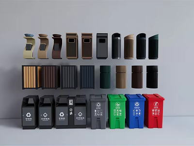Public Facility Waste Bins With Various Designs Colors And Recycling Features 3d model