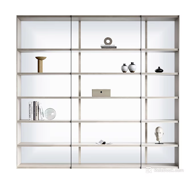 Modern Open Shelves Bookcase With White Frame And Decorative Items Including Vases Sculpture And Books 3d model 
