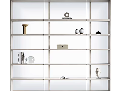 Modern Open Shelves Bookcase With White Frame And Decorative Items Including Vases Sculpture And Books 3d model