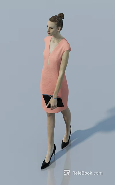 Stylish woman in pink dress holding black clutch and wearing high heels 3d model 