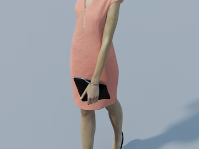 Stylish woman in pink dress holding black clutch and wearing high heels 3d model