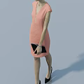 Stylish woman in pink dress holding black clutch and wearing high heels