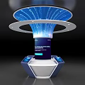 Futuristic Tech Display Kiosk With Circular Blue Data Flow And Interactive Screen
