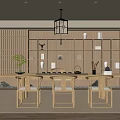 Japanese Traditional Tea Room Interior With Wooden Bookshelves Hanging Lantern Long Table And Chairs