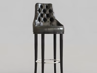 Black Leather Tufted Backrest Bar Stool With Tall Legs And Metal Ring 3d model