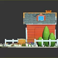 Cartoon Scene Red House With Blue Roof White Fence Lawn Flowers Bench And Stone Path