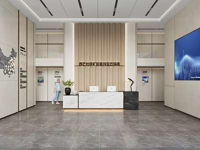 Modern Front Desk Reception Area With Marble Counter Potted Plant And Large Screen 3d model