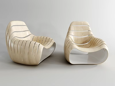 Modern Wooden Leisure Chair With Streamlined Striped Design And Light Natural Tone 3d model