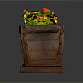 Wooden Long Planter Box With Legs Featuring Green Plants Red and Yellow Flowers
