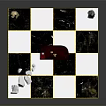 Small Dark Wooden Table on Chessboard With Statues And Broken White Items