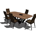 Wooden Dining Table Set With Six Brown Chairs And Wine Bottle Tray On Top