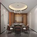 Modern Private Dining Room With Round Table Chairs Chandelier Wooden Walls And Red Decor
