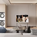 Modern Living Dining Room Interior With Grey Sofa Marble Coffee Table And Checkered Pillow