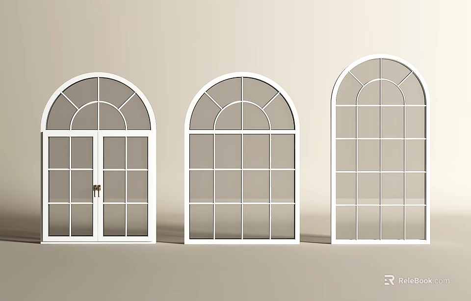 Three Arched Window Designs with White Frames and Glass Panes 3d model 