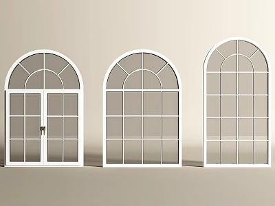 Three Arched Window Designs with White Frames and Glass Panes 3d model