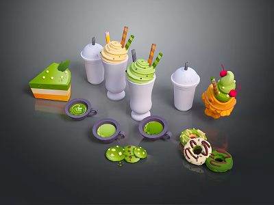 Green Themed Desserts Featuring Creamy Shakes Layered Cake And Frosted Donuts 3d model