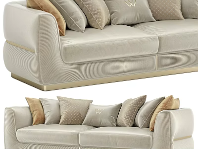 Beige Velvet Two Seater Sofa With Decorative Pillows And Gold Accents 3d model