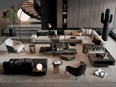 Elegant Modern Living Room Sofa Coffee Table Set With Throw Pillows And Accent Chairs 3d model