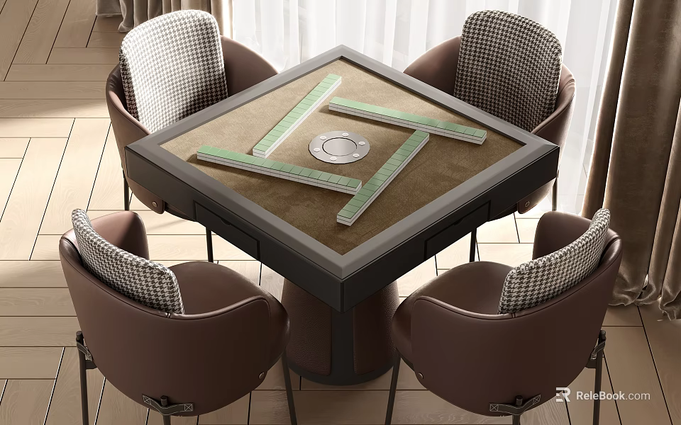 Elegant Entertainment Table with Green Mahjong Tiles Dice and Four Brown Checkered Cushion Chairs 3d model 