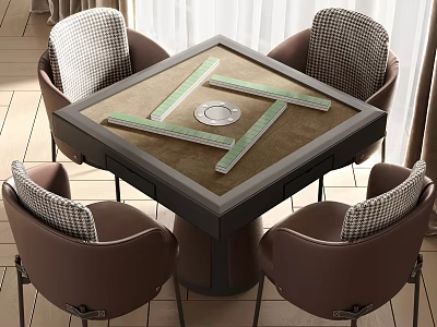 Elegant Entertainment Table with Green Mahjong Tiles Dice and Four Brown Checkered Cushion Chairs 3d model