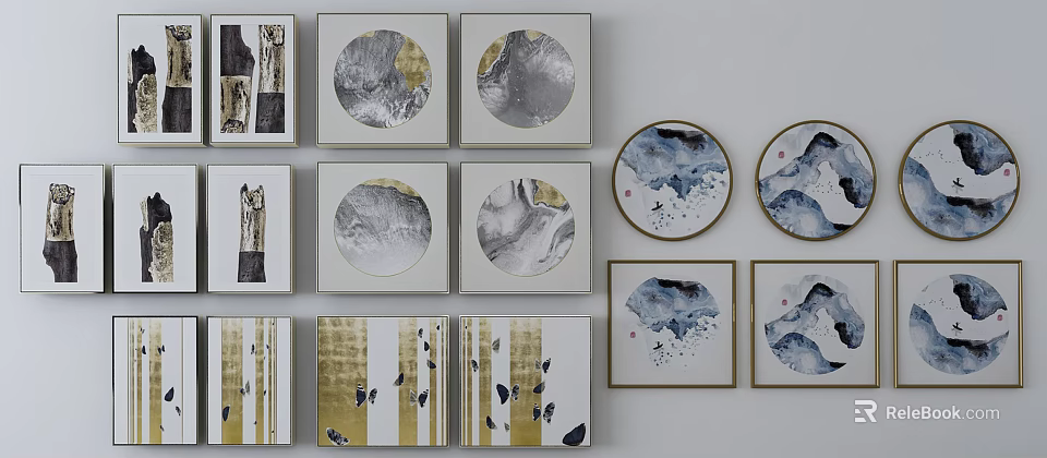 Abstract Paintings Decorative Wall Art With Circular Square Frames Ink Style Gold Accents 3d model 