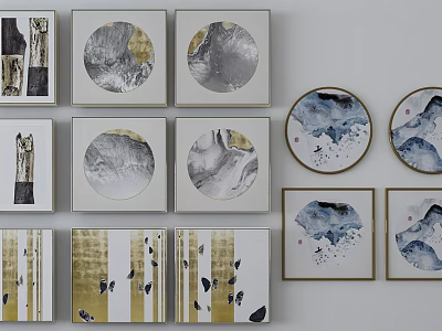 Abstract Paintings Decorative Wall Art With Circular Square Frames Ink Style Gold Accents 3d model