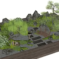 Serene Courtyard Garden with Rock Formations Lush Greenery Stone Path and Wooden Elements