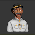 Cartoon Man with Black Hat Gold Band Mustache in White Uniform with Gold Buttons