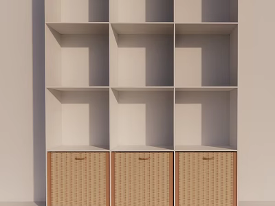 Modern Wooden Bookcase With Open Shelves And Rattan Woven Doors Design 3d model