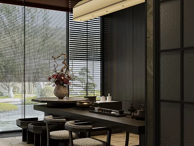 Modern Tea Room Interior Design With Wooden Table Tea Set And Natural Light Decor 3d model