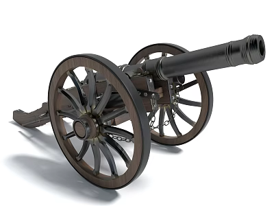 Ancient Historical Weapon Vintage Cannon With Wooden Wheels And Black Metal Barrel 3d model